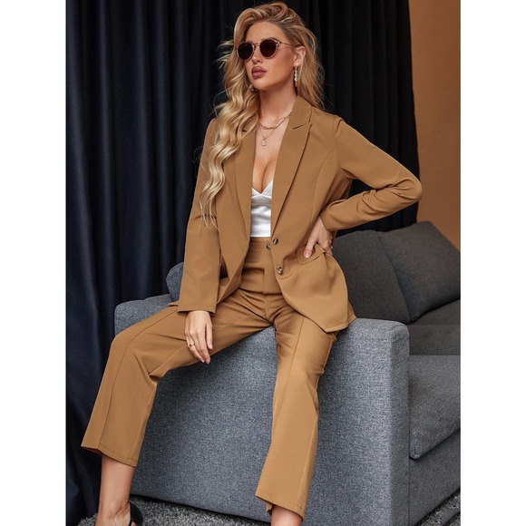 2 piece pantsuit Single Breasted Blazer & Seam Detail Tailored Pants camel tan - Picture 2 of 5